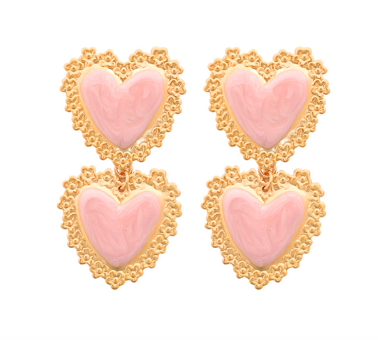 Double Pink Valentine Heart Earrings